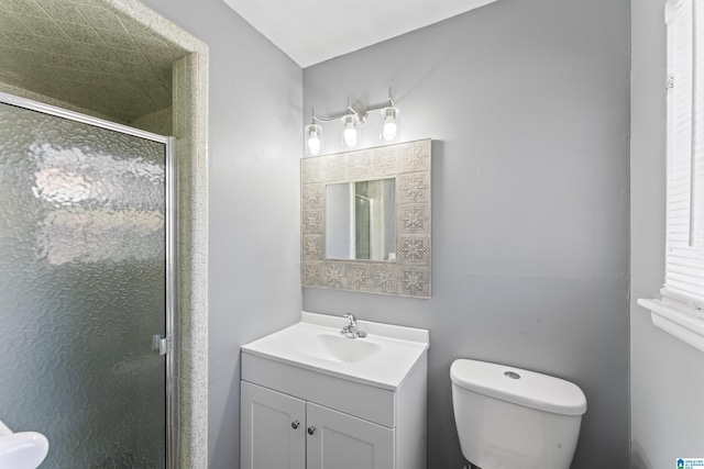 full bathroom featuring vanity, toilet, and a shower stall