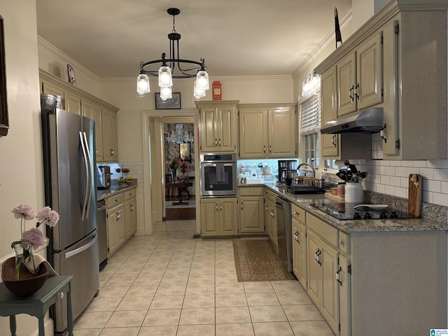 kitchen featuring light tile patterned floors, decorative backsplash, appliances with stainless steel finishes, and under cabinet range hood
