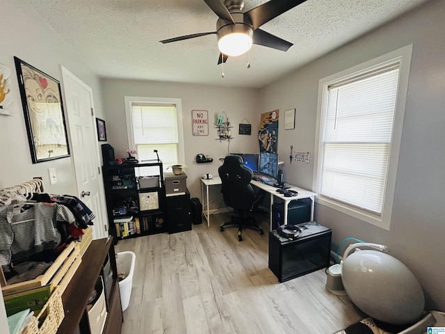 office with light wood-type flooring, ceiling fan, and a textured ceiling