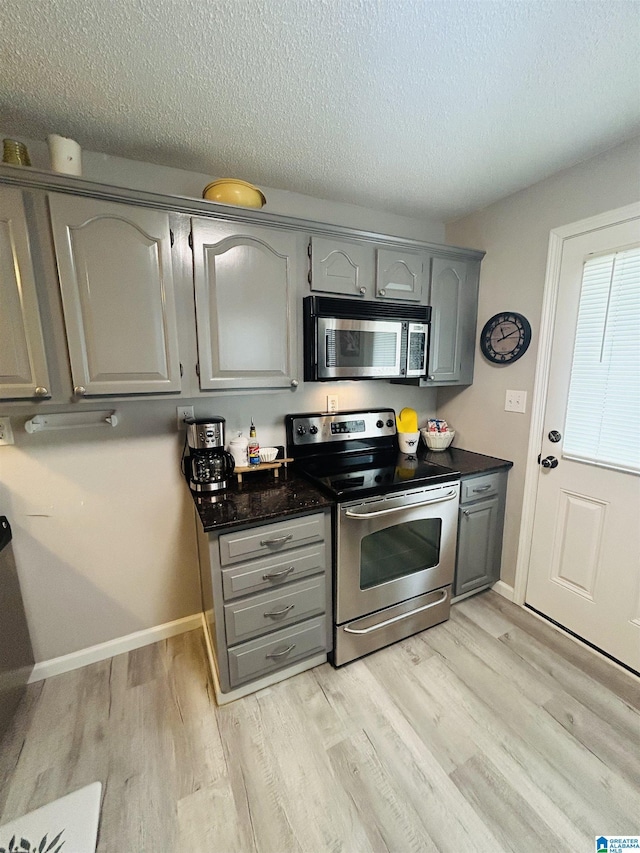 kitchen with light wood finished floors, gray cabinetry, stainless steel appliances, and dark countertops