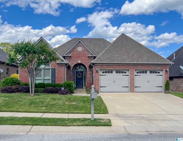 view of front facade with an attached garage, brick siding, driveway, a front yard, and a shingled roof