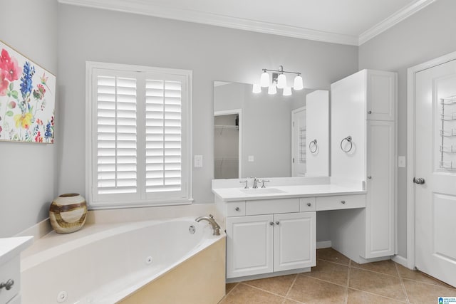 full bathroom featuring crown molding, a jetted tub, vanity, and tile patterned flooring