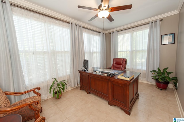 office space with crown molding, baseboards, a ceiling fan, and light tile patterned floors