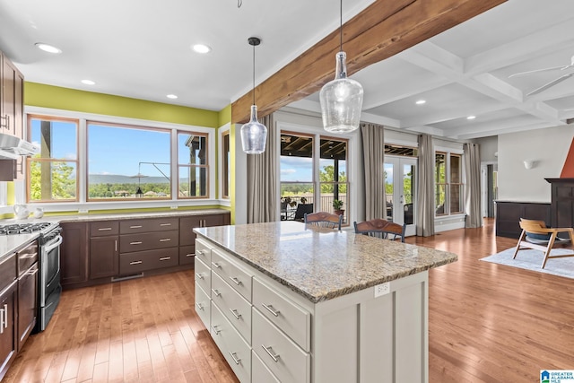 825 Dogwood Ln, Ashville, AL 35953 - kitchen with stainless steel range with gas cooktop, light wood-style flooring, dark brown cabinetry, and a kitchen island