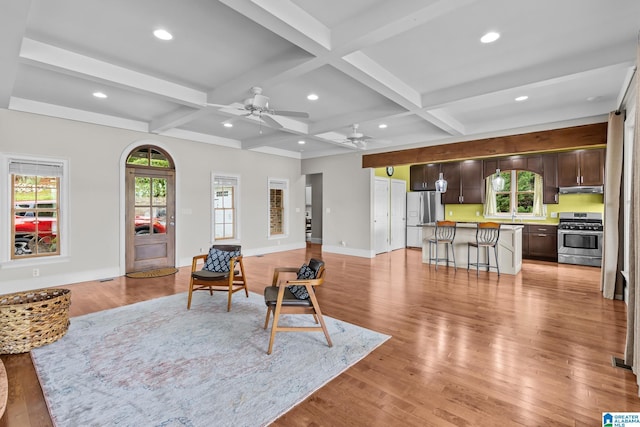 825 Dogwood Ln, Ashville, AL 35953 - living room featuring a ceiling fan, recessed lighting, coffered ceiling, baseboards, and light wood-type flooring
