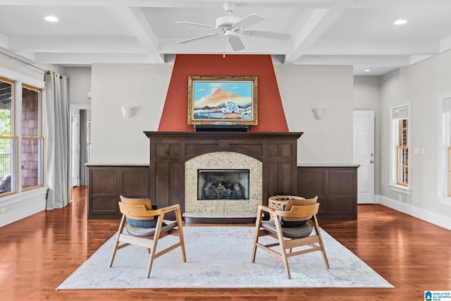 825 Dogwood Ln, Ashville, AL 35953 - sitting room featuring a ceiling fan, dark wood finished floors, beam ceiling, and coffered ceiling