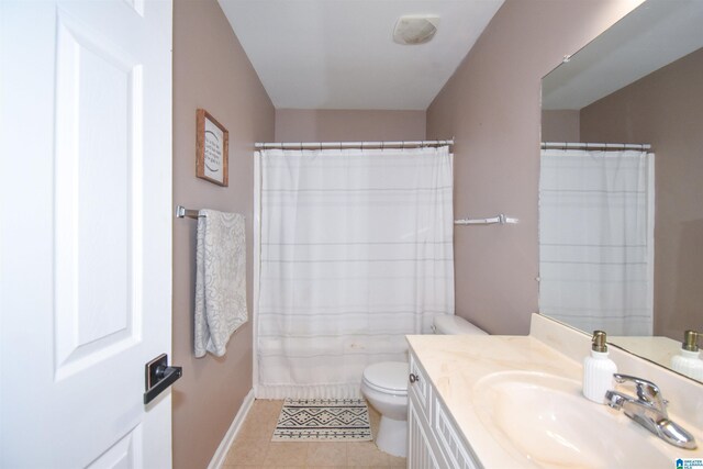 full bathroom featuring toilet, baseboards, vanity, tile patterned floors, and curtained shower