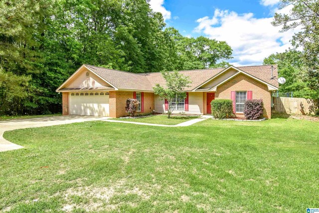 ranch-style home featuring an attached garage, brick siding, concrete driveway, and roof with shingles