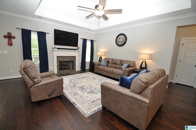 298 Appleford Rd, Helena, AL 35080 - living area with a tray ceiling, a ceiling fan, dark wood-style flooring, and ornamental molding