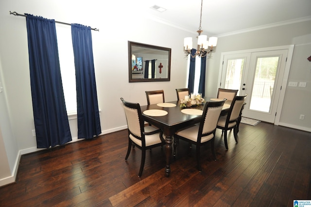 298 Appleford Rd, Helena, AL 35080 - dining space featuring a chandelier, ornamental molding, dark wood-type flooring, and baseboards