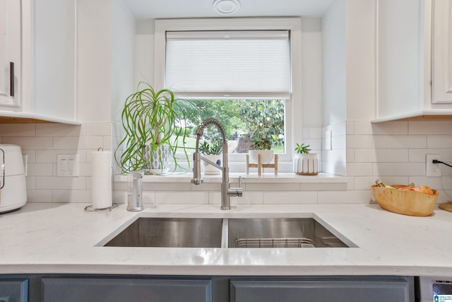 2616 Chimney Hills Cir, Vestavia Hills, AL 35226 - kitchen with a sink, white cabinets, gray cabinetry, and light stone countertops