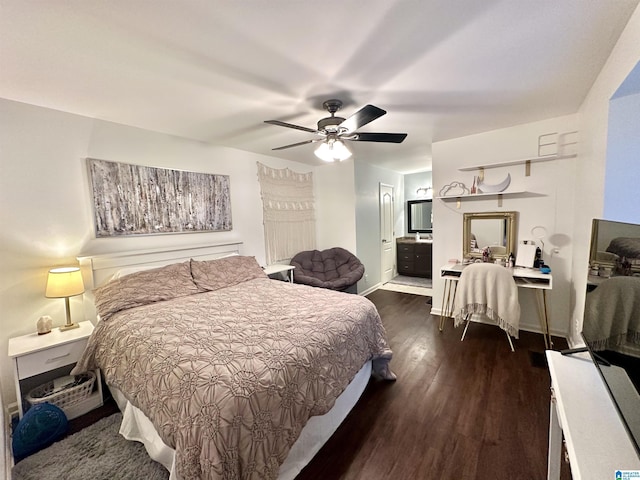 2616 Chimney Hills Cir, Vestavia Hills, AL 35226 - bedroom with dark wood-type flooring, baseboards, ensuite bath, and ceiling fan