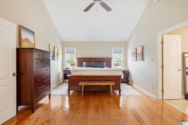 2616 Chimney Hills Cir, Vestavia Hills, AL 35226 - bedroom with multiple windows, light wood-type flooring, baseboards, high vaulted ceiling, and ceiling fan