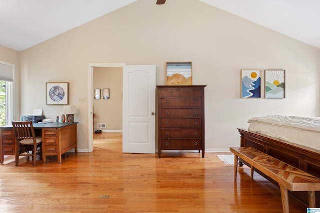 2616 Chimney Hills Cir, Vestavia Hills, AL 35226 - bedroom featuring high vaulted ceiling, light wood-style floors, baseboards, and an office area