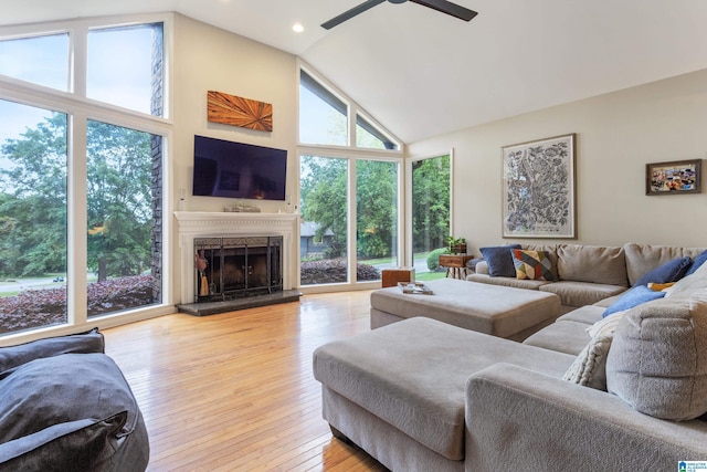 2616 Chimney Hills Cir, Vestavia Hills, AL 35226 - living room featuring a ceiling fan, light wood-style flooring, a premium fireplace, high vaulted ceiling, and recessed lighting