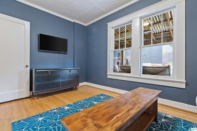 office featuring wood finished floors, crown molding, and baseboards