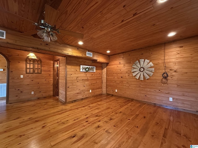 spare room with wooden ceiling, wooden walls, a ceiling fan, hardwood / wood-style flooring, and arched walkways