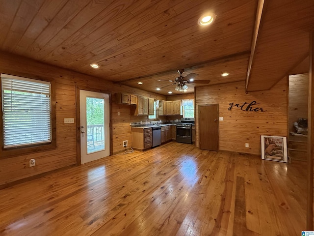 kitchen featuring appliances with stainless steel finishes, wooden ceiling, light wood-style floors, plenty of natural light, and wood walls