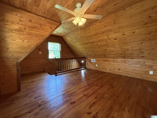 additional living space with wooden ceiling, wood-type flooring, ceiling fan, wood walls, and lofted ceiling