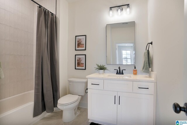 0571 Preserve Pkwy, Hoover, AL 35226 - full bath featuring toilet, shower / bathtub combination with curtain, vanity, marble look tiles, and baseboards