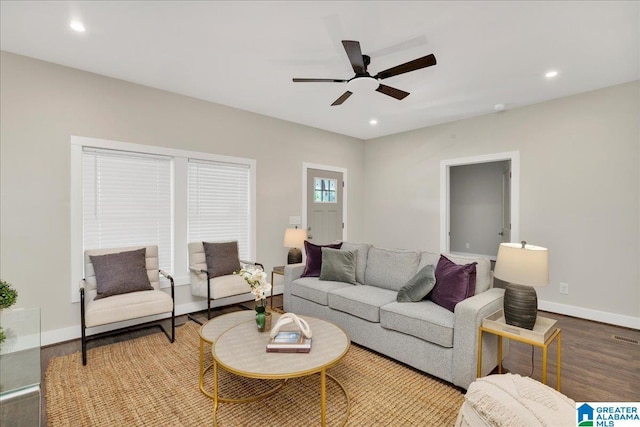 2624 29th St, Birmingham, AL 35208 - living room with wood finished floors, a ceiling fan, recessed lighting, and baseboards