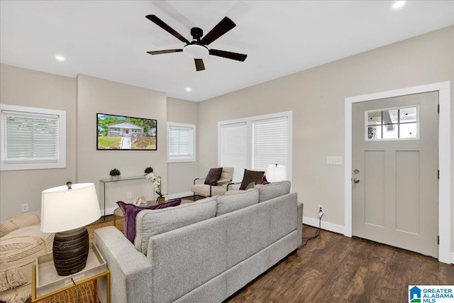 2624 29th St, Birmingham, AL 35208 - living area with dark wood-style flooring, ceiling fan, recessed lighting, and baseboards