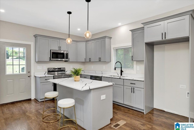 2624 29th St, Birmingham, AL 35208 - kitchen featuring stainless steel appliances, gray cabinets, a sink, dark wood-type flooring, and recessed lighting