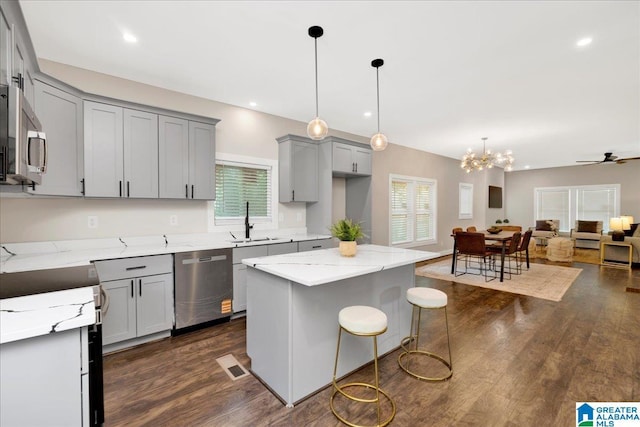 2624 29th St, Birmingham, AL 35208 - kitchen with gray cabinets, stainless steel appliances, a sink, open floor plan, and plenty of natural light