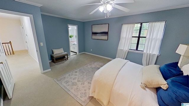 116 Pine Rock Ln, Hoover, AL 35226 - bedroom with ornamental molding, carpet flooring, baseboards, ensuite bath, and a ceiling fan
