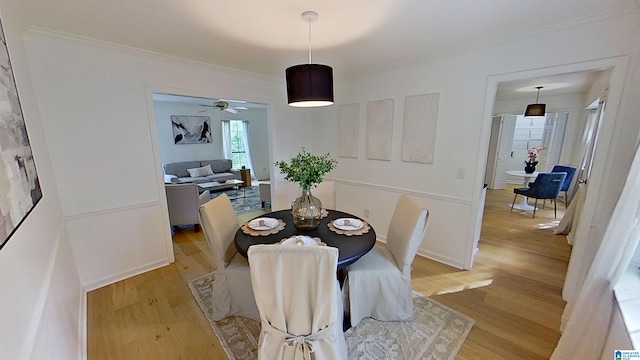 116 Pine Rock Ln, Hoover, AL 35226 - dining space featuring light wood-style floors, ornamental molding, and ceiling fan
