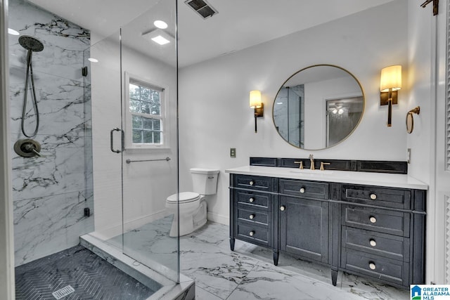 2247 Mill Run Cir, Hoover, AL 35226 - full bath featuring marble finish floors, a marble finish shower, toilet, vanity, and baseboards