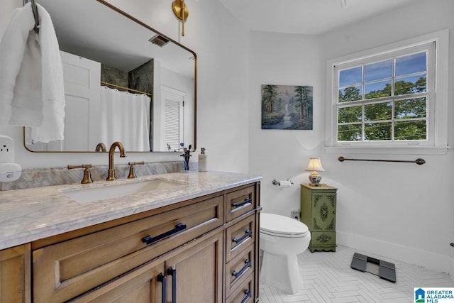 2247 Mill Run Cir, Hoover, AL 35226 - bathroom featuring vanity, toilet, baseboards, and curtained shower