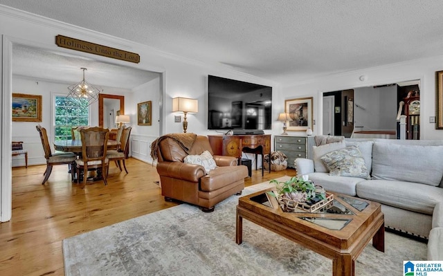 2247 Mill Run Cir, Hoover, AL 35226 - living area featuring a textured ceiling, ornamental molding, a chandelier, and light wood-type flooring