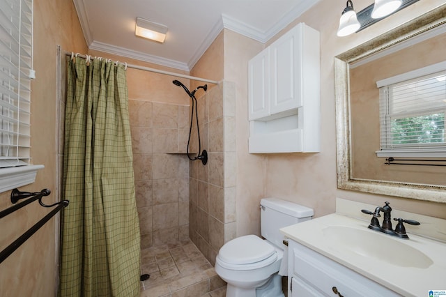 320 Cambo Ln, Hoover, AL 35244 - bathroom with a tile shower, crown molding, vanity, and toilet
