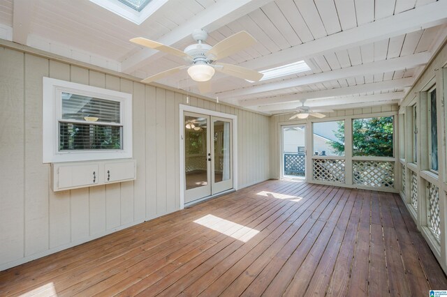 320 Cambo Ln, Hoover, AL 35244 - unfurnished sunroom featuring a skylight, a ceiling fan, french doors, and beamed ceiling