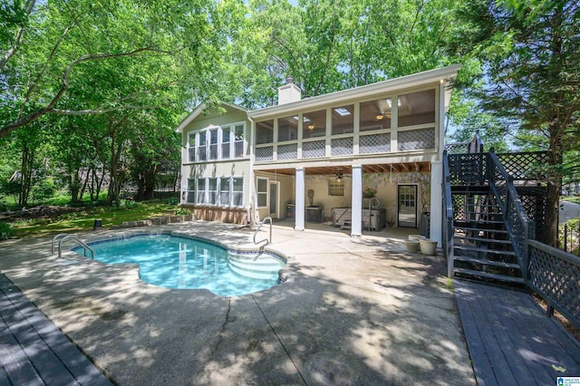 320 Cambo Ln, Hoover, AL 35244 - back of property featuring a sunroom, ceiling fan, a patio, stairs, and a chimney