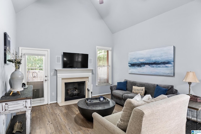 living room featuring high vaulted ceiling, healthy amount of natural light, wood finished floors, a fireplace, and baseboards