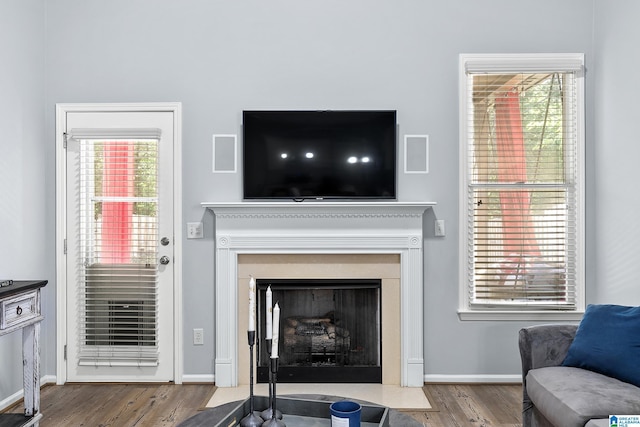 living area featuring wood finished floors, a fireplace with flush hearth, and baseboards
