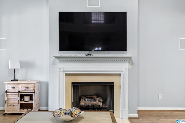 detailed view of wood finished floors, baseboards, and a fireplace