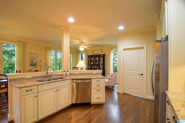 kitchen with stainless steel appliances, a sink, plenty of natural light, dark wood-style floors, and crown molding