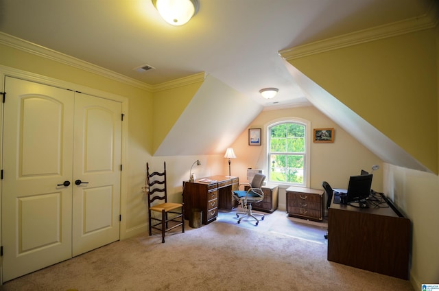 carpeted home office with lofted ceiling