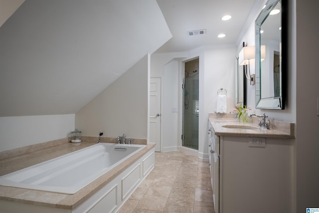 bathroom featuring a shower stall, a bath, vanity, recessed lighting, and ornamental molding