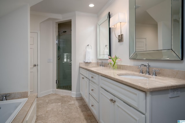 full bathroom featuring a shower stall, double vanity, crown molding, a tub to relax in, and recessed lighting