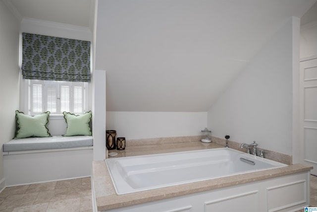 full bath featuring a bath and lofted ceiling