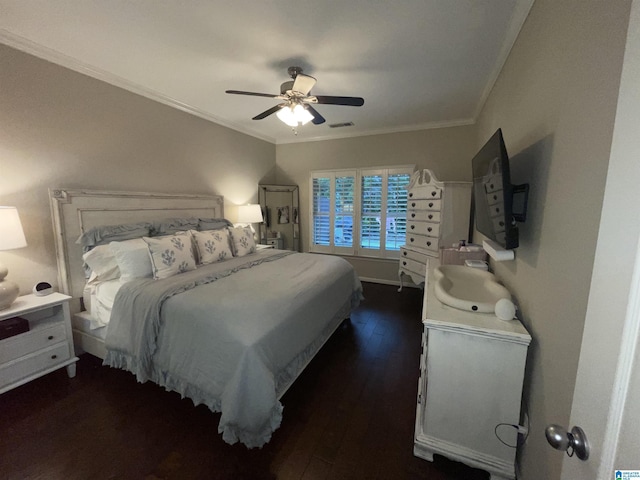 2232 Acton Park Cir, Birmingham, AL 35243 - bedroom with ornamental molding, dark wood-type flooring, and a ceiling fan