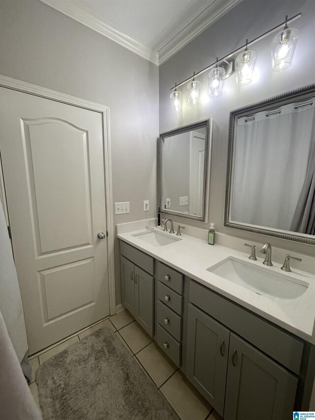 2232 Acton Park Cir, Birmingham, AL 35243 - bathroom featuring ornamental molding, tile patterned flooring, and double vanity