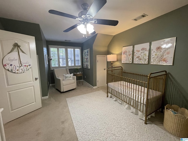 2232 Acton Park Cir, Birmingham, AL 35243 - bedroom with light carpet, baseboards, a nursery area, and ceiling fan