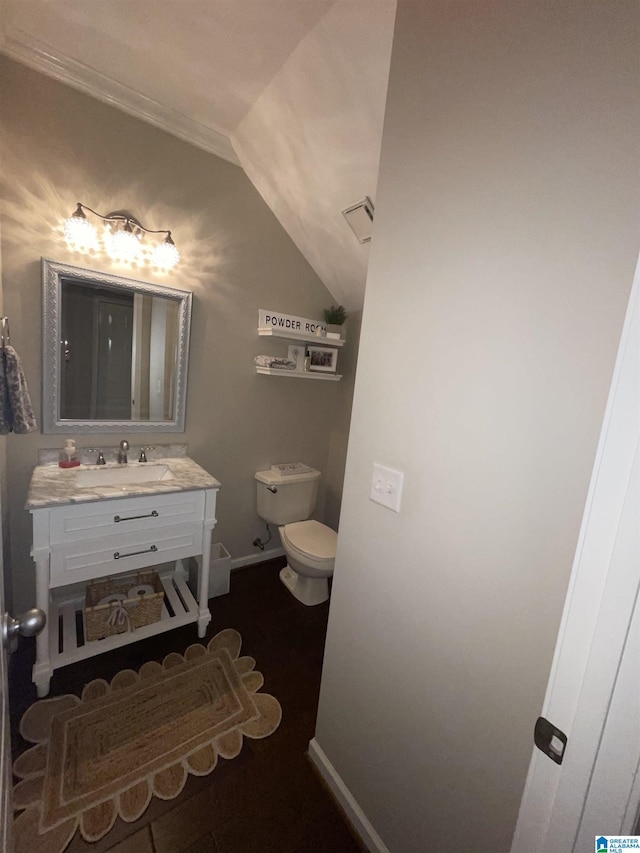 2232 Acton Park Cir, Birmingham, AL 35243 - bathroom with lofted ceiling, toilet, vanity, baseboards, and crown molding