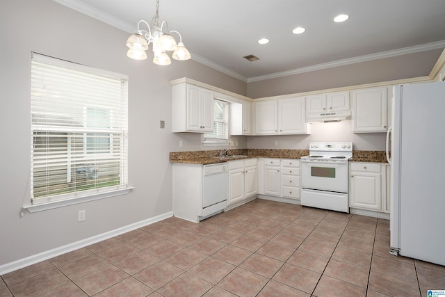 1656 Deer Valley Rd, Hoover, AL 35226 - kitchen with white appliances, crown molding, a chandelier, under cabinet range hood, and a sink