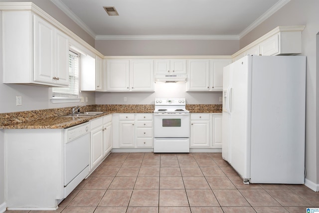 1656 Deer Valley Rd, Hoover, AL 35226 - kitchen featuring white appliances, crown molding, under cabinet range hood, a sink, and white cabinets
